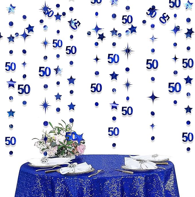 Navy Blue 50th Birthday Decorations Number 50 Circle Dot Twinkle Star Garland Metallic Hanging Streamer Bunting Banner Backdrop for 50 Year Old Birthday Happy 50th Anniversary Fiftieth Party Supplies