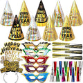 Fancy Land New Years Eve Party Supplies for 25 Guests 2026 75 Pcs NYE Party Supplies Gold Silver NYE Hats Glitter Tiaras Decorations Noise Makers Paper Masks Favors Kits