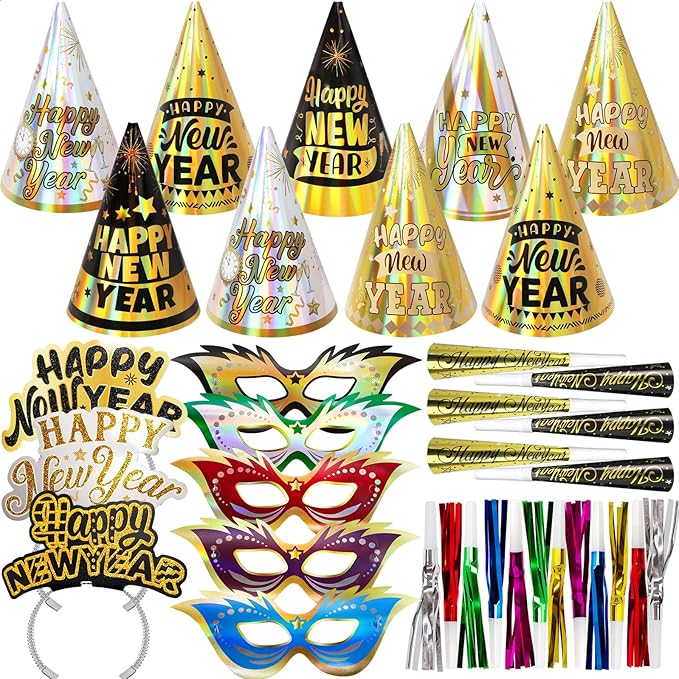 Fancy Land New Years Eve Party Supplies for 25 Guests 2026 75 Pcs NYE Party Supplies Gold Silver NYE Hats Glitter Tiaras Decorations Noise Makers Paper Masks Favors Kits