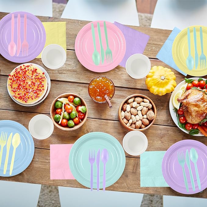200 Pcs Pastel Rainbow Disposable Dinnerware Set, Macaron Color Paper Plates Cups Napkins Plastic Forks Knives Spoons, Pastel Party Tableware Serves 25 Guests