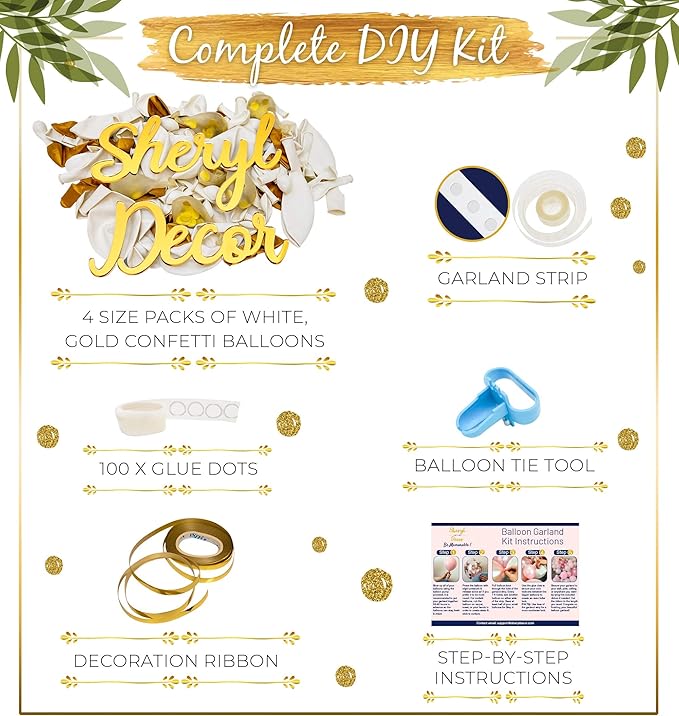 ALL-IN-1 White and Gold Balloons Garland & Arch Kit – Small and Large Gold and White Balloons – Party Decorations for Wedding, Birthday, Bridal Shower, Baby Shower, Graduation, Confetti