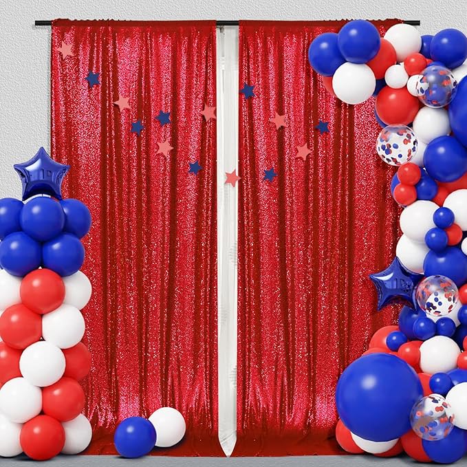 PartyDelight Red Sequin Backdrop 5x10ft 2 Panels - High Density 3mm Shimmer Sequin Background with 4-Inch Rod Pocket, Sparkly Photography Curtain for Wedding, Stage & Event Decor