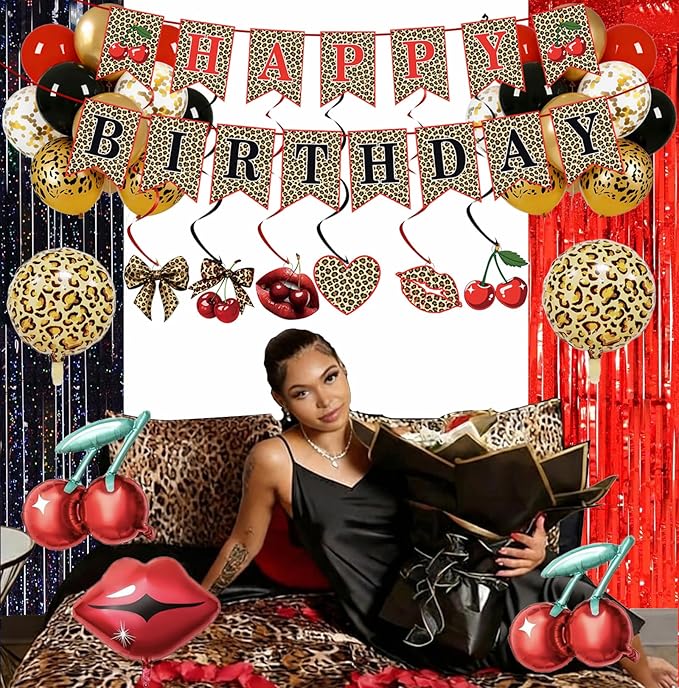 Red Cheetah Print Birthday Decorations Pre-Strung Leopard Happy Birthday Banner, Cherry Red Lips Foil Balloons, Laser Fringe Curtains, Hanging Swirls Y2K Cheetah Cherry Party Supplies for Women Girls