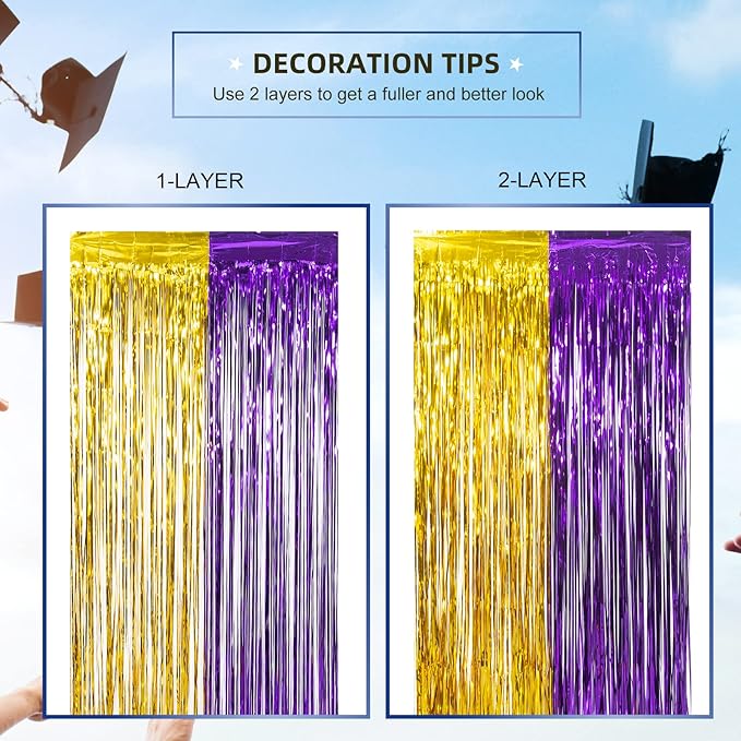 LOLStar Graduation Party Decoration, 2 Pack Purple and Gold 3.3x6.6 ft Foil Fringe Curtains, Tinsel Backdrop, Graduation Photo Booth Prop Streamer Backdrop for Class of 2026, Prom and Grad Party Decor