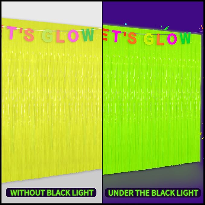 Glow in The Dark Tinsel Curtains 2 Pack - 3.3x6.6ft UV Reactive ‌Fluorescent Party Backdrop for Neon, Birthday, Pride Decorations, Pre-Taped, Lightweight Waterproof (Yellow)