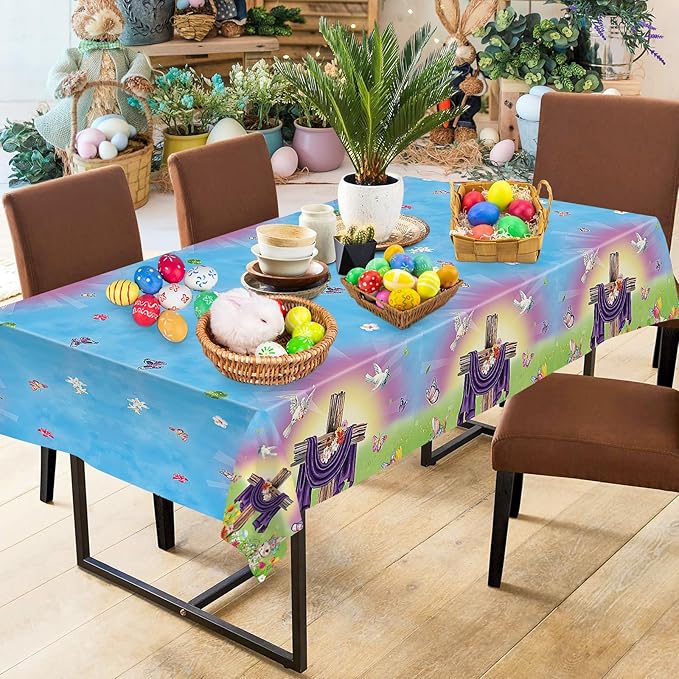 2 Pack Easter He is Risen Tablecloth - Spring Flower Christian Cross Table Cloth, Plastic Disposable Rectangle Religious Easter Bunny Eggs Table Cover for Tables Decorations and Party Decor,108x54Inch