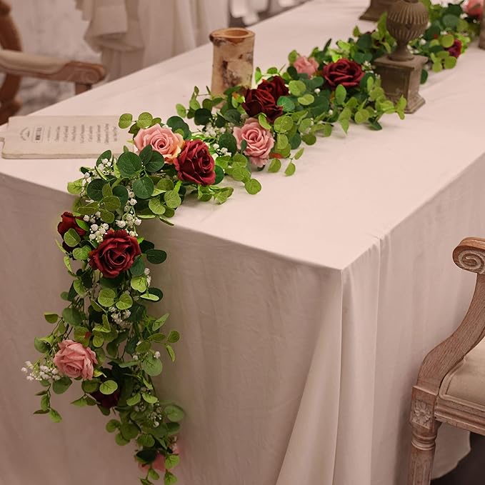 Anna's Whimsy 2PCS 5.91FT Artificial Eucalyptus Garland with Flowers, Fake Rose Gypsophila Garlands, Faux Floral Greenery Garland for Wedding Spring Home Party Table Runner Decor（Dusty Pink）