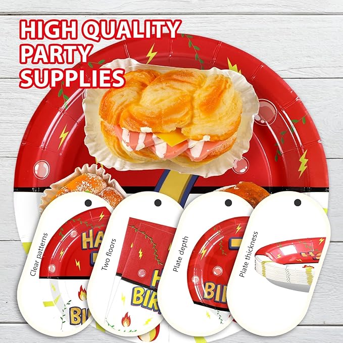 Grencian 96Pcs Happy 7th Birthday Party Supplies Cartoon Anime Themed Paper Plates and Napkins Tableware Sets Red and White Decoration for 7 Year Old Birthday Kids Children Party Serves 24
