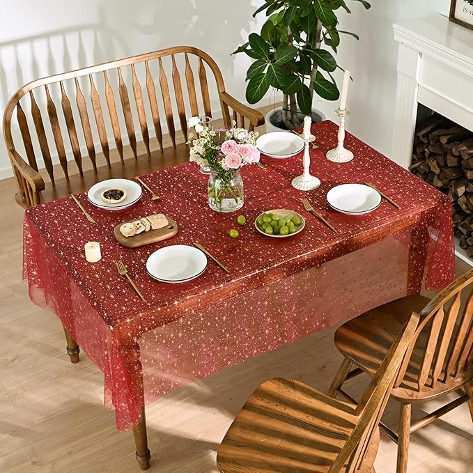Horaldaily Red Gold Sparkling Star Gauze Tablecloth 60x84 Inch Rectangular, Golden Star Sequin Glitter Metallic Foil, Sheer Tulle Cheesecloth for Wedding Baby Shower Party