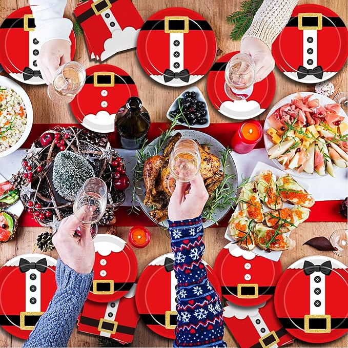 96 Pcs Santa Christmas Paper Plates Santa Claus Suit Disposable Party Plates Napkins Set Merry Christmas Holiday Dinnerware Party Decoration Supplies, Serves 24