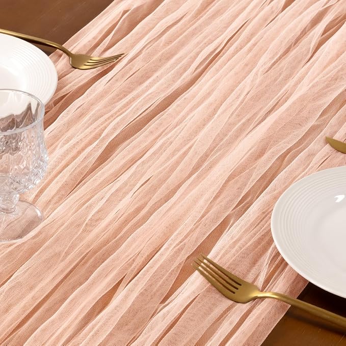 Socomi Peach Cheesecloth Table Runner Tulle Gauze Cheese clothBoho Rustic 120 inch 10FT Runner for Wedding Party Baby Shower Birthday Holiday Decorations 3pcs