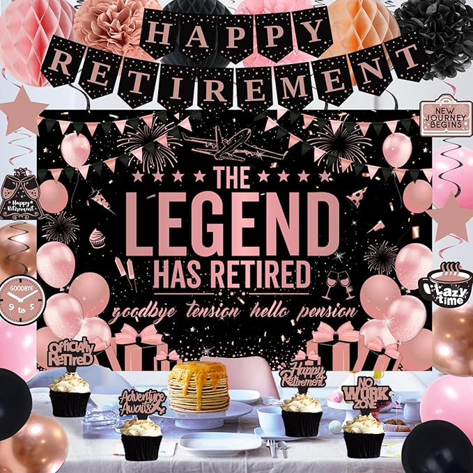 Retirement Party Decorations Women, Rose Gold Black Happy Retirement Decorations Female, Happy RetIrement Banner, Retired Backdrop, Balloons, Pompom, Hanging Swirl, Retired Card, Cake Topper 54pcs