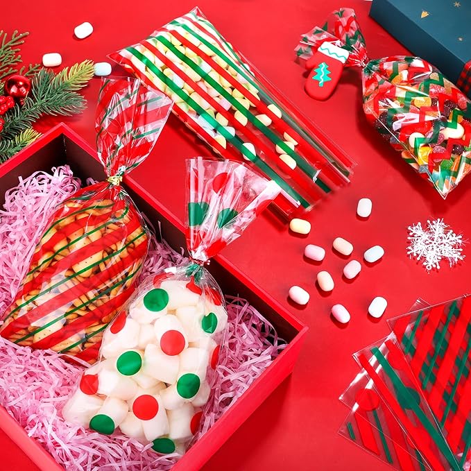 Aneco 100 Pack Christmas Cellophane Bags Classic 10.6 x 5.1 Inch Red Green Plastic Candy Bags Gift Goodie Bag with Twist Ties for Christmas Birthday Gift Cookie Snack Packing Party Favor Supplies