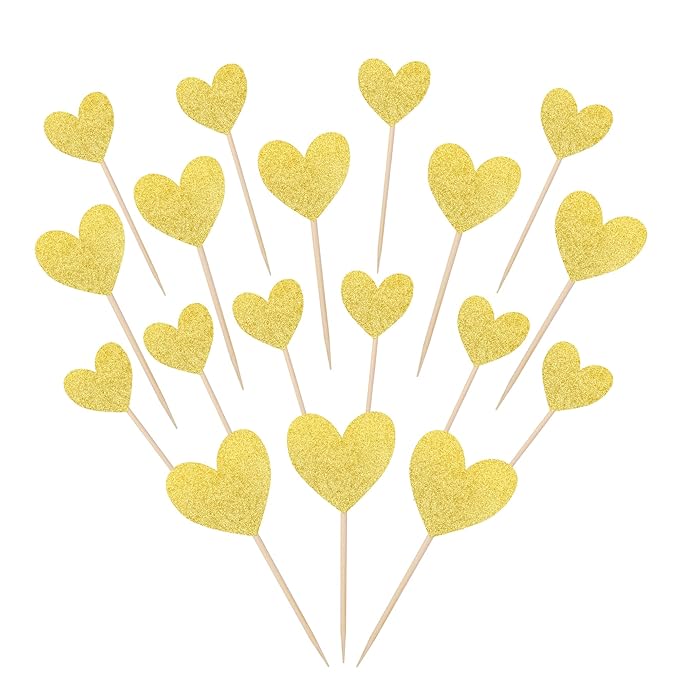 30 PCS Heart Cupcake Toppers Glitter Sweet Love Theme Cupcake Picks Wedding Engagement Bridal Shower Birthday Valentine's Day Party Cake Decorations Supplies Mixed Size Gold