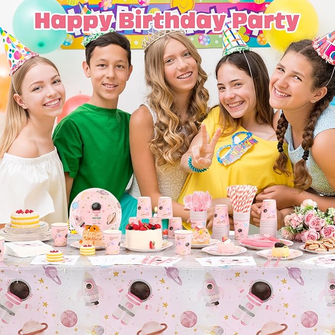 452 Pcs Pink Space Birthday Decorations for 50, Star Astronaut Paper Plates Napkins Cups Moon Tablecloth Cutlery Straws for Planets Solar System Baby Shower Party Supplies Decorations