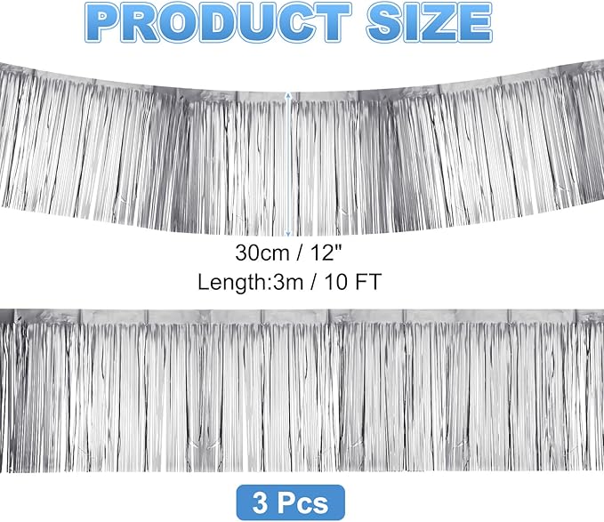 PATIKIL Foil Fringe Garland 10 Feet, 3 Pack Metallic Tinsel Streamers Fringe Banner Wall Hanging Curtain Backdrop for Wedding Birthday Christmas New Year Party Decoration, Silver Tone