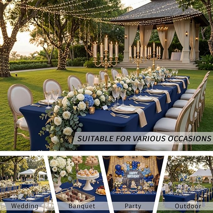 Fixwal 3 Pack Navy Blue Table Cloth for 6 Foot Rectangle Tables, Rectangular Tablecloths Stretch Spandex Fitted Table Covers 6 Ft for Prom Parties, Trade Shows, Banquet, Weddings, Buffet