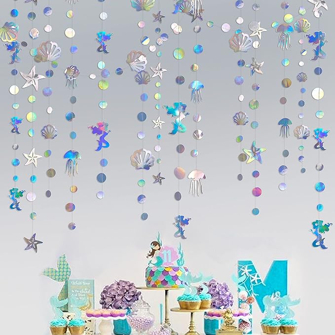 40 Ft Iridescent Mermaid Garland with Jellyfish Seashell Starfish Pearl Holographic Paper Streamer for Little Mermaid Rainbow Theme Birthday Bachelorette Baby Shower Under the Sea Party Decorations