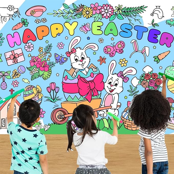 Easter Giant Coloring Poster/Tablecloth, Crafts for Kids, 30 x 72 Inches Jumbo Coloring Banner, Versatile Paper Table Cover for Easter Party Favors, Wall Decoration