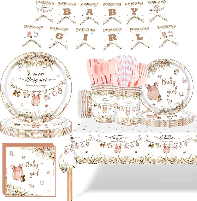 Pink Baby Girl Shower Decorations – 194 PCS A Sweet Girl Is On Her Way Party Supplies for 24 Guests, Includes Plates, Cups, Napkins, Cutlery, Banner & Tablecloth