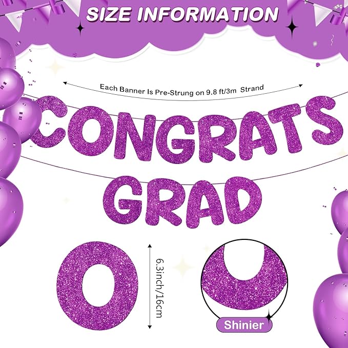 Fulmoon Pre Strung Congrats Grad Banner Glitter Congratulations Banner College Graduation Sign Class of 2026 Grad Party Decorations for High School University Graduation Party Favor(Purple)