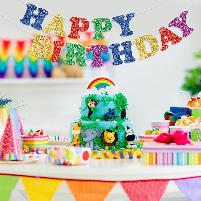 Glitter Colorful Happy Birthday Banner Birthday Party Decorations Sign Garland Bunting Banner for Wall Decor Party Background for Kids Boys Girls Adults