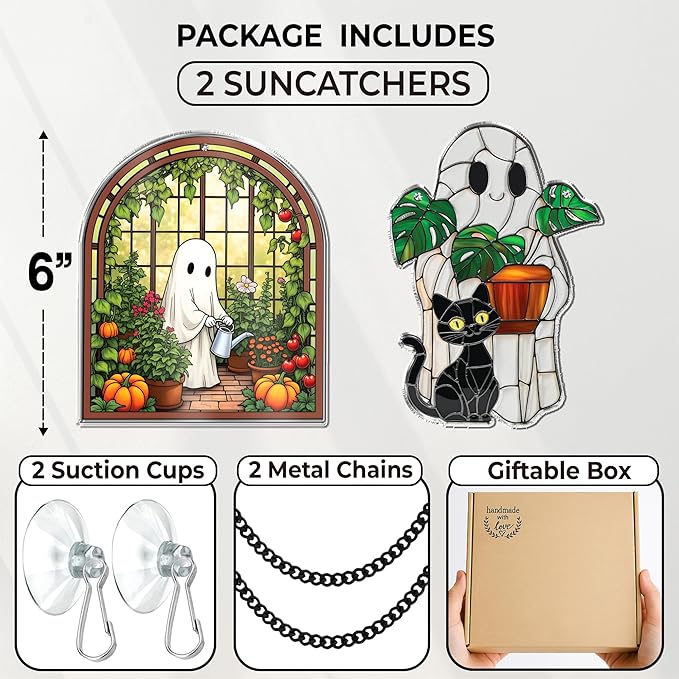 2 Cute Halloween Decoration Suncatchers, 6" Spooky Cute Ghost Plant Window Hangings, Ghost with Black Cat Greenhouse, Pumpkin Ornaments Home Garden, Gifts for Mom, Plant Lovers, Women, Girl SS358