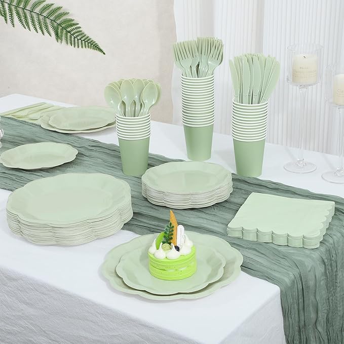 350 Pcs Sage Green Party Paper Plates and Napkins Set Include 9" Easter Plates & 7" Dessert Plate Disposable Scalloped Tableware Serve 50 Guest for Wedding Baby Shower Bridal Shower Birthday