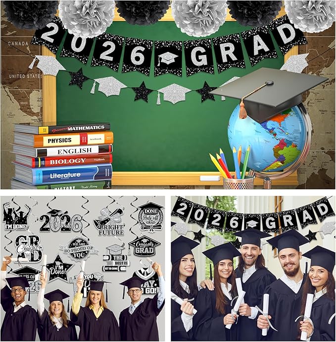 Black and Silver Graduation Decorations 2026, 2026 Grad Banner and Congrats Grad Hanging Swirls, Silver Graduation Banner Graduations Hanging Swirls College Graduations Party Decorations Class of 2026