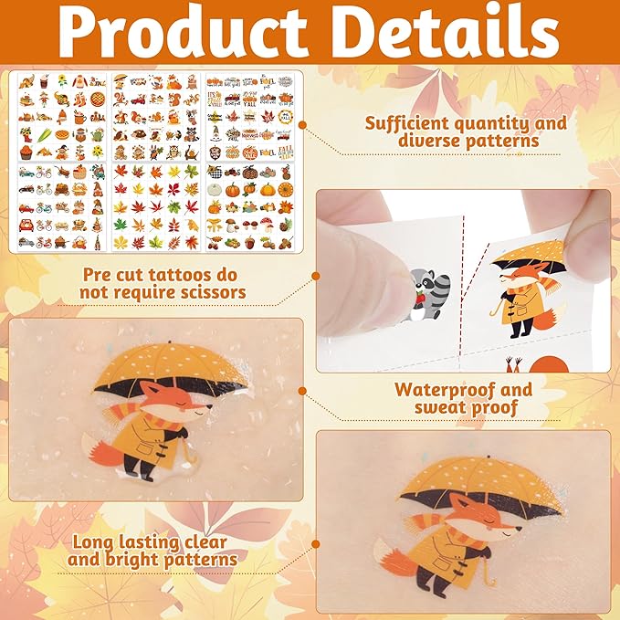 150 Pcs Fall Tattoos, Maple Leaves Pumpkin Fake Temporary Tattoos, Fall Thanksgiving Tattoos Autumn Stickers for Thanksgiving Decorations Gift Fall Party Favors Supplies Bags Fillers