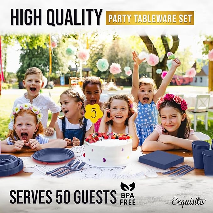 350 Pcs Navy Plastic Plates For Party, Navy Disposable Plates Set, 50 Of Each 9" Dinner Plate Set, 7" Dessert Plate, Cups, Napkins & Cutlery Plastic Dinnerware Set Exquisite