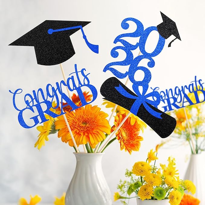 Graduation Decorations 2026, 16 PCS Black Blue Graduation Centerpieces for Tables, Double-Sided Table Toppers Centerpieces, Class of 2026 Grad Party Decorations 2026
