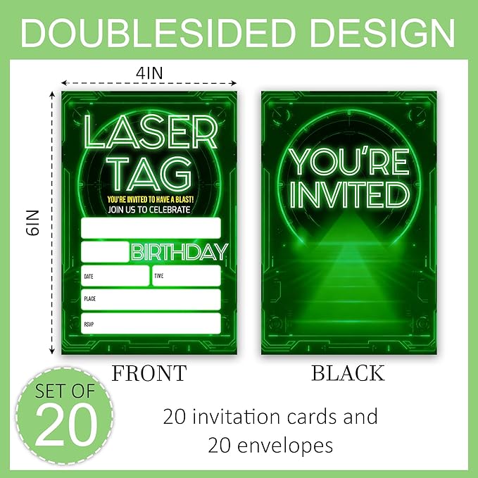 Laser Tag Birthday Party Invitations, Glow Neon Theme Invite Cards, 20 Count with Envelopes for Boys Girls Teen, 4 x 6 Double Sided Printed Fill In Blank Party Supplies- Green