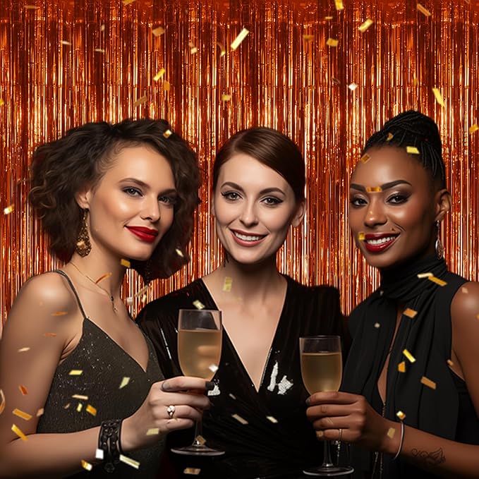 2 Pack Foil Fringe Backdrop - Bronze Shiny Tinsel Curtains for Party Decoration/Photo Booth Props - 3.3x6.6 FT Metallic Foil Backdrop for Birthday, Wedding, Graduation, Christmas.