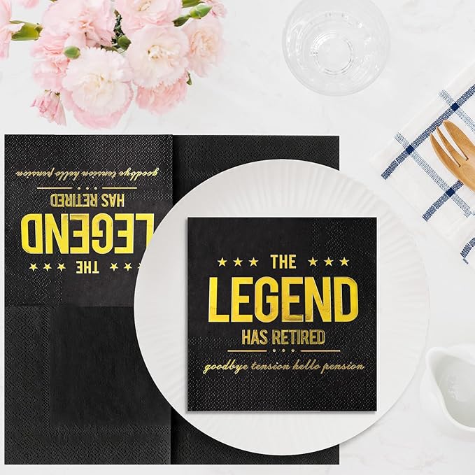 The Legend Has Retired Cocktail Napkins, 50 Pack 3-Ply Retirement Party Decorations Supplies, Black & Gold Disposable Napkins for Farewell,Coworker Goodbye & Going Away Celebration (5"x5")