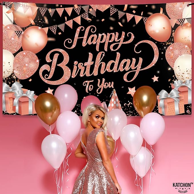 KatchOn, XtraLarge Rose Gold Happy Birthday Banner - 72x44 Inch | Black and Rose Gold Happy Birthday Decorations for Women | Rose Gold Party Decorations, Bday Backdrop for Girls