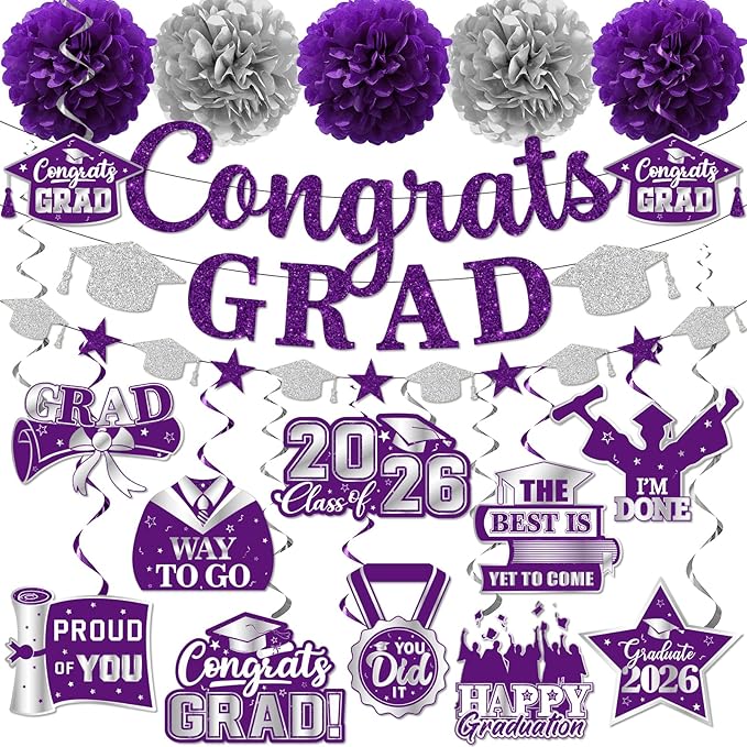 Purple Graduation Decorations, Glitter Congrats Grad Banner Hanging Swirls and Tissue Pom Poms, Purple and Silver Graduation Decorations for Class of 2026 College Graduations Party Decorations