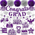 Purple Graduation Decorations, Glitter Congrats Grad Banner Hanging Swirls and Tissue Pom Poms, Purple and Silver Graduation Decorations for Class of 2026 College Graduations Party Decorations