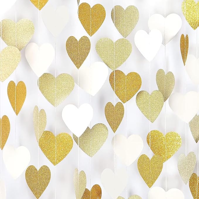 White and Gold Heart Garland Hanging Decorations, 52 Feet, Hanging Streamers for Christmas Party, Wedding, Birthday Parties, Graduations Parties, Valentine, Bridal Showersal (Gold-White Heart)