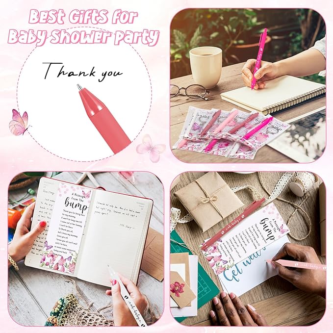 Highergo 100 Pcs Baby Shower Party Favors Bulk 50 Animal Keychains 50 Ballpoint Pens with Thank You Cards Gender Reveal Gift for Guest Baby Shower Souvenir Prize(Butterfly)