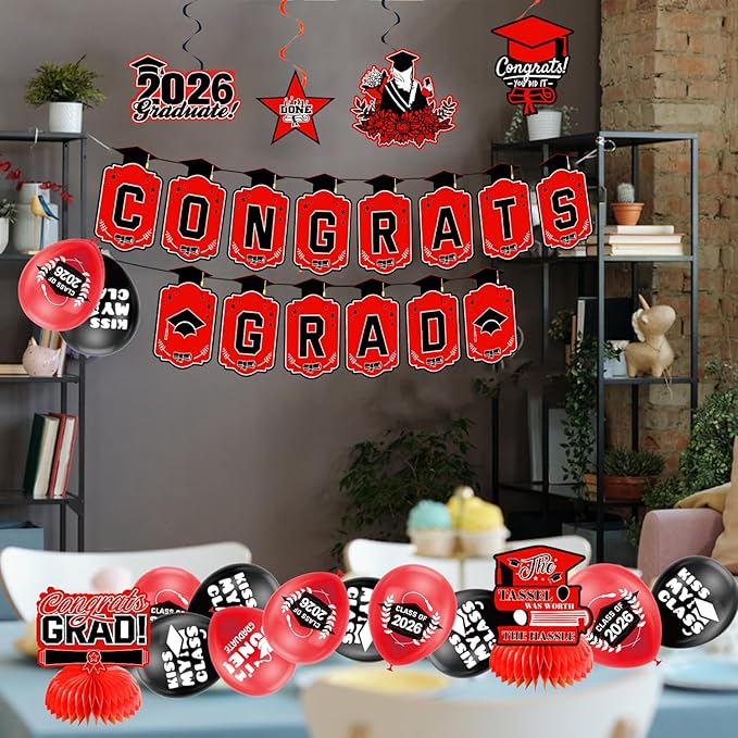 Graduation Decorations 2026 Red Themed Set - Congrats Grad Banner, Class of 2026 Backdrop, Balloons & Streamers Kit - Complete Party Supplies for High School & College Celebrations