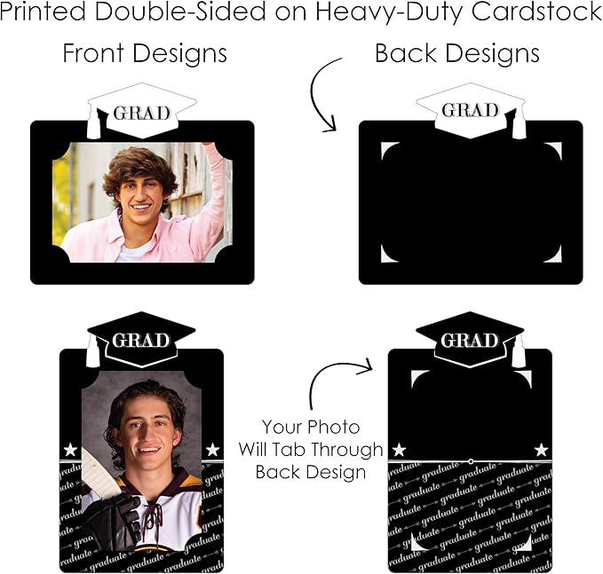Black Graduation Party Decorations, Photo Display Centerpiece Kit - 15 Double-Sided Photo Table Topper Sticks, Vertical and Horizontal 4x6 Picture Holders - Graduation Cheers