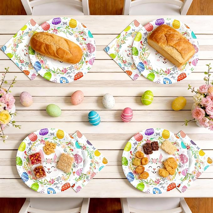 Easter Plates and Napkins Set for 20 Guests - 40 Pcs Disposable Easter Dinnerware, 9 Inch Colorful Egg & Bunny Floral Paper Plates 20pcs and Napkins 20pcs for Dinner, Spring Party Decorations