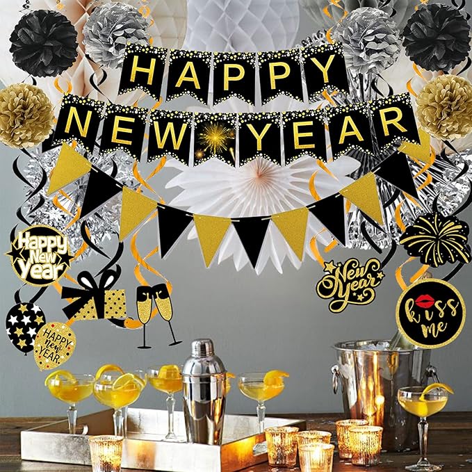Famoby Happy New Year Banner Pom poms Triangle flag Swirls Garland Hanging Bunting for Happy New Year Party Decorations