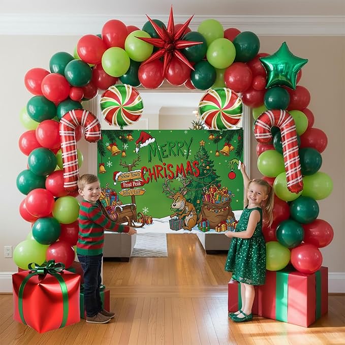Christmas Balloon Garland Arch Kit with backdrop Xmas Red Green Balloons Candy Cane Gift Box Star Foil Balloons for Christmas New Year Birthday Party Decorations (Red Green)