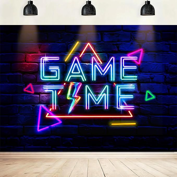 Imirell Neon Gaming Backdrop 7Wx5H Feet Coloful Video Games Gamer Teen Boys Birthday Photography Backgrounds Baby Shower Party Decorations Photo Shoot Playroom Decor Props Fabric