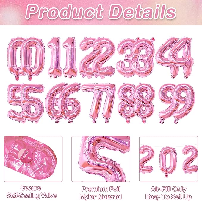 20 Pieces 2 Sets of 16 Inch Pink Number 0-9 Balloons – Foil Mylar Balloons for Custom Number Decorations, Birthday, Baby Shower, Anniversary, Graduation, New Year, Party Backdrops