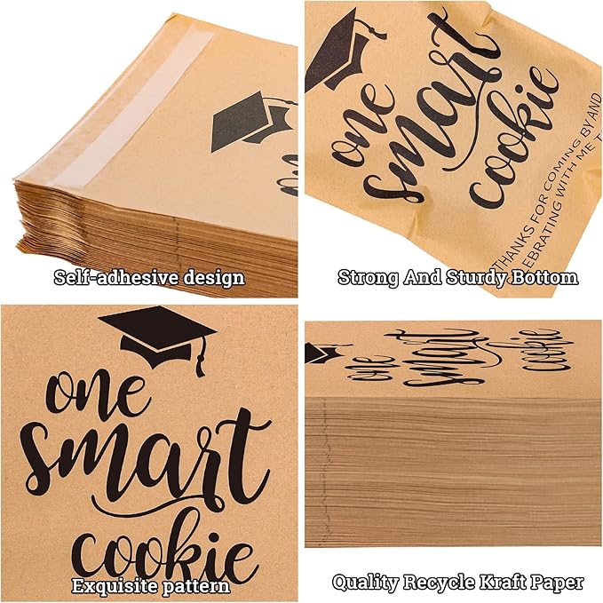Whaline 100 Pack Graduation Candy Cookie Gift Bags One Smart Cookie Self-Adhesive Buffet Treat Bag Congrats Grad Kraft Paper Treat Gift Bags for Graduation Party Decoration Supplies