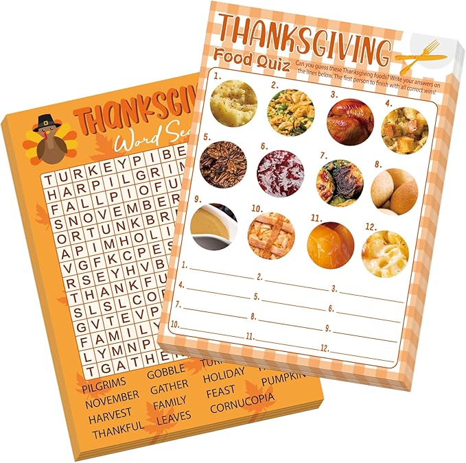 COCHIE 30 Players Thanksgiving Games for Family Party Adults Office Large Groups, Word Search Games, Food Quiz Game, Fall Classroom Activities with Answer Key (Thanksgiving B)