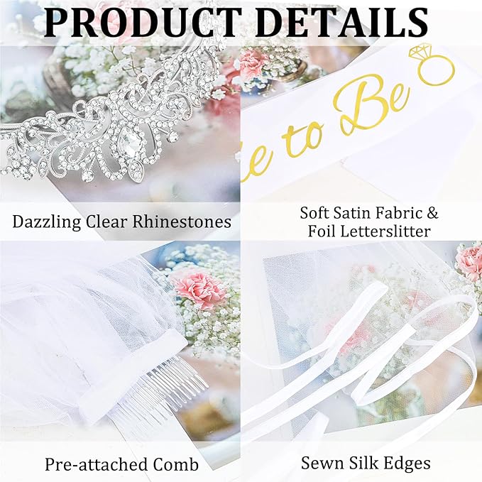 CIEHER Bachelorette Party Favors - White Veil, Bride to Be Sash & Crystal Crown for Bridal Shower Decoraions Wedding Party Gifts - Silver